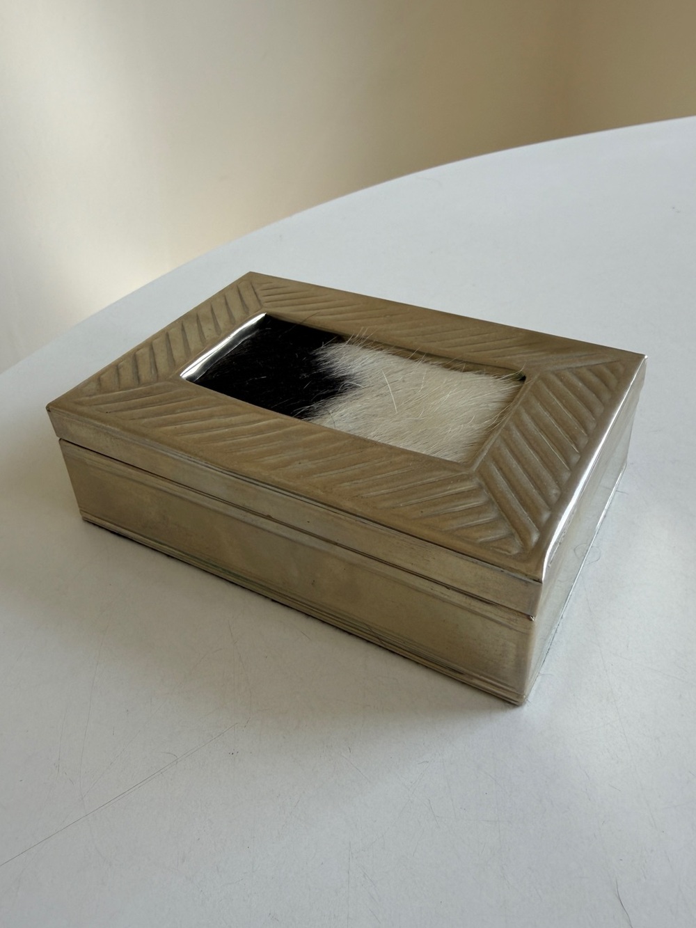 VINTAGE Silver-Tone Decorative Box Horse Hair Lid Inset